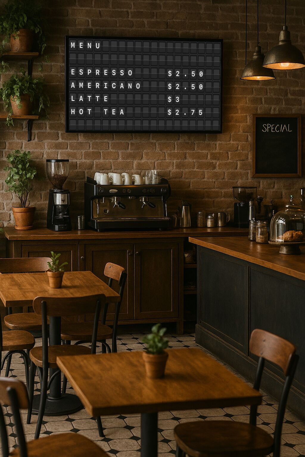 Coffee shop board showing specials on a split‑flap display