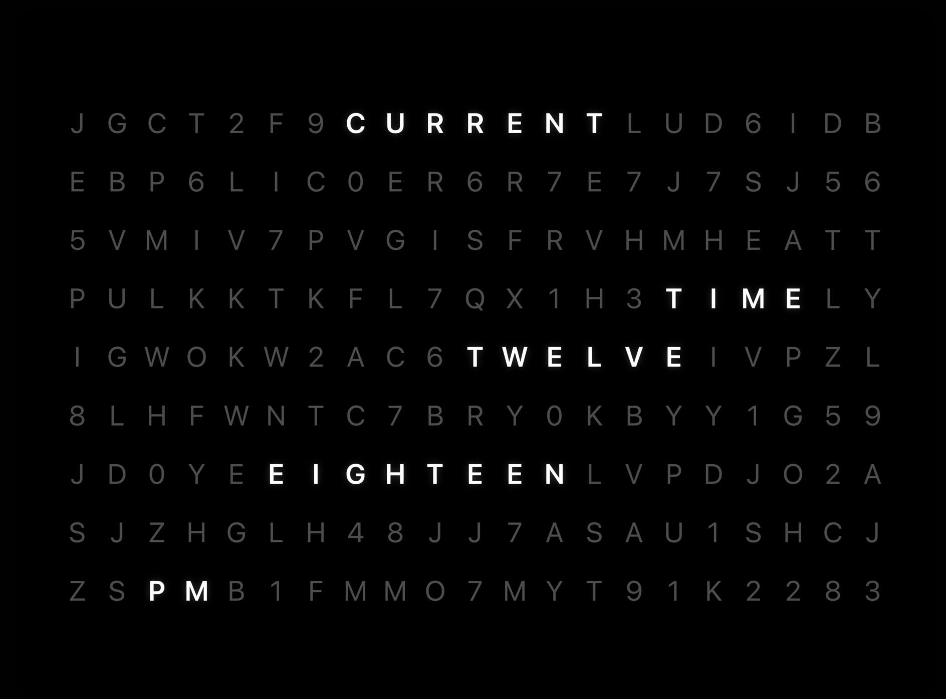 Word Matrix theme displaying the current time in word format